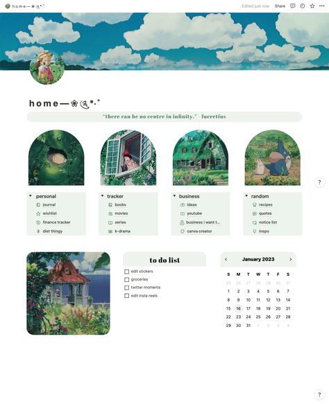 Ghibli Notion, Aesthetic Ghibli, Notion Setup, Free Digital Planner, Notion Ideas, Notion Aesthetic, Character Template, Student Life Hacks, My Aesthetic