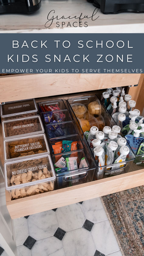 Create back to school zones School Snack Storage Ideas, Refrigerator Snack Drawer For Kids, Granola Bar Organization, Snack Shelf Organization, Kids Fridge Snacks, Desk Snacks Drawer, Office Snacks Drawer, Kids Snack Organization, Snack Drawer For Kids