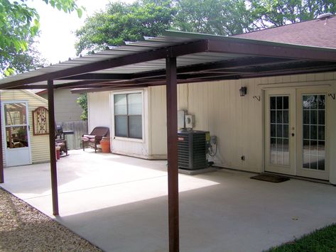 Tarp Lean to Off House | Attached Lean To Patio Cover North West San Antonio Lean To Patio Cover, Lean To Patio, Metal Patio Covers, Diy Patio Cover, Carport Patio, Curved Pergola, Spiritual Witchcraft, Porch Awning, Covered Patio Design