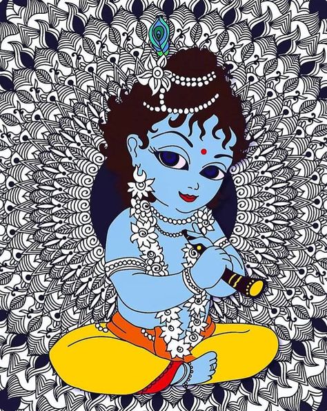 Bal Krsna Krishna Art Wallpaper, Lord Little Krishna, Mandala Krishna, Little Krishna Painting, Krishna Mandala Art, Krishna Mandala, Lord Narayana, Cool Drawing Ideas, Kerala Mural Painting