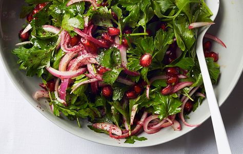 bonappetit.com/recipe/parsley-red-onion-and-pomegranate-salad  Ottolenghi recipe - love his recipes!! Pomegranate Recipes Salad, Sumac Recipes, Otto Lenghi, Parsley Recipes, Parsley Salad, Pomegranate Recipes, Specialty Food Store, Pomegranate Salad, Fava Beans