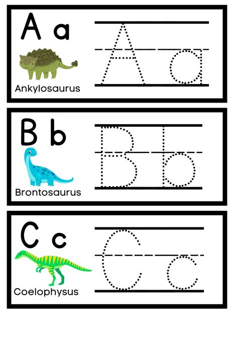 Dinosaur-themed alphabet tracing cards, perfect for little learners! Features: 26 printable cards, each featuring a different dinosaur and uppercase letter Approximately 3x7 inches in size, ideal for writing centers (laminate for repeated practice or print for one-time use) ~This is a digital product, not a physical item. Unlimited prints allowed Design: Each card features a cute dinosaur illustration, accompanied by the corresponding uppercase and lowercase letter. The cards are designed to be visually appealing and engaging for young learners. Learning Benefits: These tracing cards help preschoolers develop their fine motor skills, hand-eye coordination, and letter recognition. Practicing tracing and writing the letters with the dinosaur theme will make learning fun and exciting! Teacher Dinosaur Letter Activities Preschool, Dinosaur Letter Activities, Dinosaur Literacy Activities Preschool, Dinosaur Alphabet Activity, Dinosaur Literacy Preschool, Homeschool Preschool Schedule, Writing Activities For Preschoolers, Dinosaur Lesson, Dinosaur Alphabet