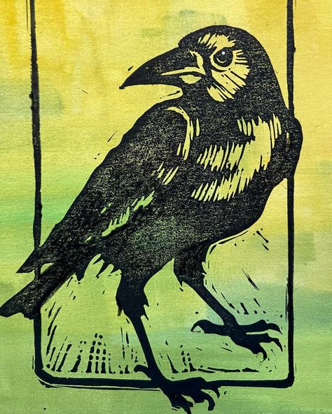 Raven Block Print, Raven Woodcut, Raven Linocut, Printmaking Linoleum, Raven Print, Linoleum Printmaking, Crow Pictures, Linocut Artists, Art Therapy Projects