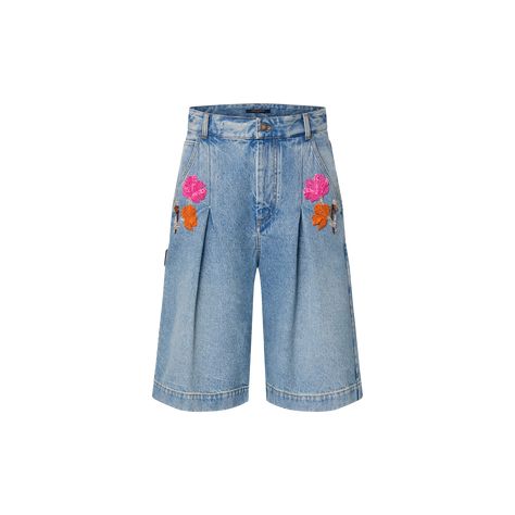 LOUIS VUITTON® - Embroidered Accent Bermuda Shorts - Light Blue Louis Vuitton Shorts, Louis Vuitton Gifts, Louis Vuitton Official Website, Show Collection, Stole Scarf, Men Store, Leather Denim, Knitwear Tops, Denim Coat