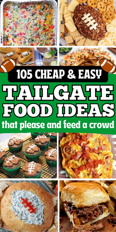 Cheap and easy tailgate food ideas and quick game day snacks for football season. These fall football snacks include appetizers, snacks, desserts, breakfast and dinners that are good tailgating food for at the game or at home. Chicken Recipes For Football Games, Cheap And Easy Football Food, Tailgate Snacks Cold, Hotdogs Bar Ideas, Georgia Tailgate Food, Potatoes For Tailgating, Tailgate Make Ahead Food, Tailgate Potluck Ideas, Fun Party Dinner Ideas