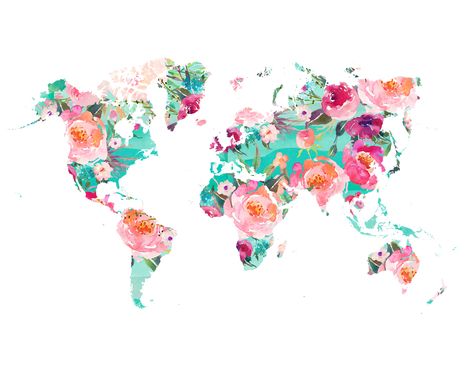 World Map Printable, Floral Map, Wanderlust Decor, Wanderlust Art, Watercolor Leaf, Wild Meadow, Map Of The World, Art Carte, Watercolor Map