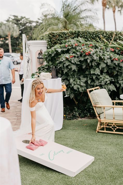 Cornhole At Wedding, Realistic Backyard Wedding, Outdoor Garden Party Wedding, Backyard Wedding Cocktail Hour, Cornhole Boards Wedding, Wedding Corn Hole, Modern Backyard Wedding, Wedding Cornhole Boards, Wedding Cornhole