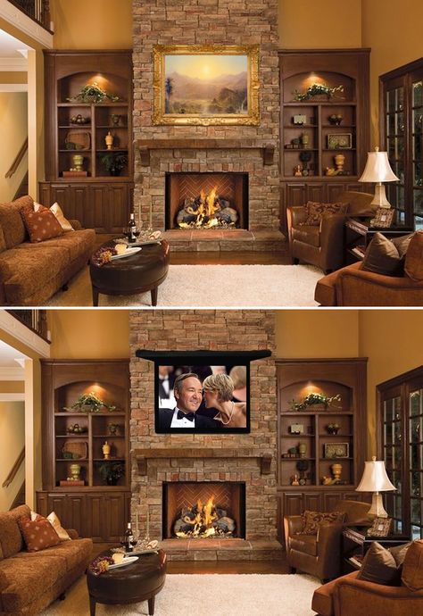 Wall Mounted Hidden Tv Cabinet, Hideaway Tv Cabinet, Hidden Tv Over Fireplace, Television Wall Ideas, Hidden Tv Ideas, Tv Family Room, Hide Tv Over Fireplace, Hidden Television, Fireplace With Cabinets