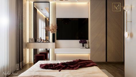 Modern Girl Bedroom Design in Kuwait City on Behance Wardrobe Opposite To Bed, Opposite Bed Wall Decor, Opposite Bed Wall, Wall Opposite Bed Ideas, Modern Girl Bedroom, Modern Girl Bedroom Designs, Lcd Wall Design, Lcd Unit, Lcd Wall