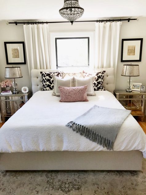 Neutral Master Bedroom. Pop of pink. Window behind bed. Throw pillows. Master bedroom decor. Bedroom styling Behind Bed Decor, Window Behind Bed, Curtains Behind Bed, Bedroom Trends, Woman Bedroom, Bedroom Closet, Spare Bedroom, Bedroom Layouts, Master Bedrooms Decor