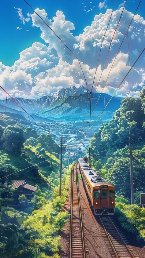 The image is of a train traveling through a valley. The train is yellow and white ->> more details in ai-img-gen.com Train Landscape, Train Aesthetic, Blue Cloudy Sky, Passenger Train, Train Pictures, Cloudy Sky, Cool Backgrounds, Train Rides, Train Travel