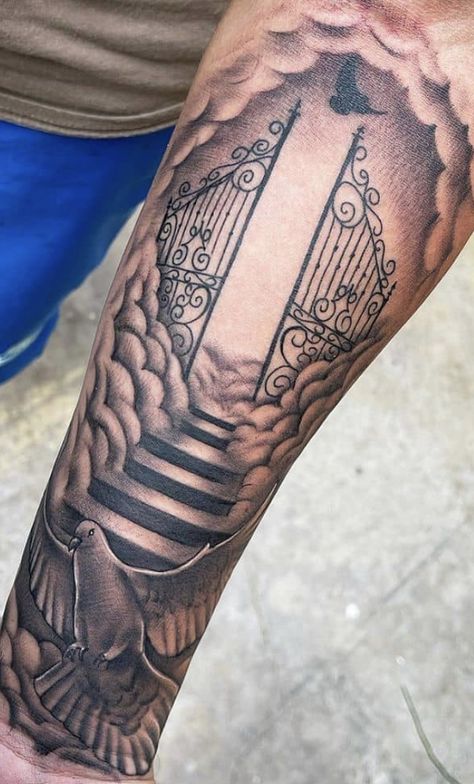 Stairs To Heaven Tattoo, Gates Of Heaven Tattoo, Xmen Tattoo, Rip Tattoos For Dad, Stairway To Heaven Tattoo, Religious Tattoo Sleeves, Cloud Tattoo Sleeve, Rip Tattoo, Polka Tattoo