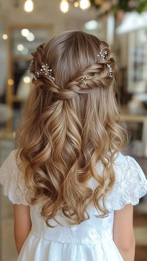 Braids With Space Buns, Medium Boho Braids, Junior Bridesmaid Hairstyles, Junior Bridesmaid Hair, Wedding Hairstyles For Girls, Kids Wedding Hair, Kids Hairstyles For Wedding, Cute Wedding Hairstyles, Communion Hairstyles