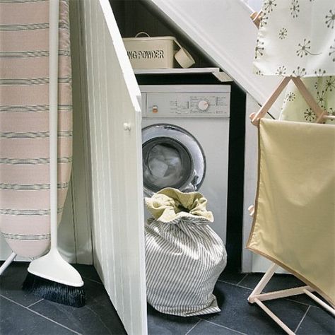 Small Laundry Rooms :: 7 Inspiring Ideas Understair Storage, Room Under Stairs, Space Under Stairs, Small Utility Room, Tiny Kitchen Design, Tiny House Storage, Under The Stairs, Stair Case, Hallway Storage