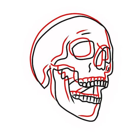 Red Black Line Tattoo, Horror Line Tattoo, Skull Tattoos Line Work, Outline Skull Tattoo, Red And Black Tattoo Stencil, Double Lined Tattoo, Red And Black Outline Tattoo, Skull Line Drawing Simple, Trippy Tattoo Ideas Black And White