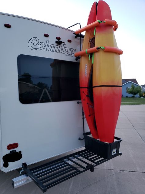 Camper Kayak Rack Diy, Truck Camper Organization Ideas, Rv Kayak Rack, Truck Camper Storage Ideas, Kayak Rack Diy, Camper Storage Ideas Travel Trailers, Kayak Carrier, Kayak Trailer, Rv Camping Tips