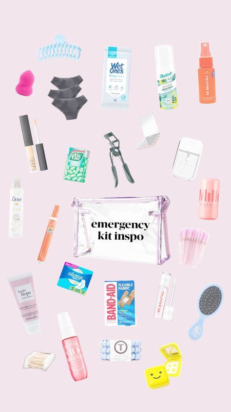 emergency kit inspo!! everything you need, nothing you don't ♡ Womens Emergency Kit, Emergency Kit For Work, Emergency Car Kit For Women, Car Emergency Kit For Women, Emergency Car Kit, Mini Emergency Kit, School Emergency Kit, School Backpack Essentials, Car Emergency Kit