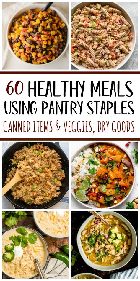 These 60 healthy recipes are made using pantry staples and with only a few ingredients. There are easy, budget-friendly recipes for main dishes with chicken, beef and pork, and recipes using canned salmon, canned tuna, and many meatless recipes for all of your canned vegetables and pantry goods like oats, quinoa, pasta, rice, beans and potatoes. #healthyrecipes #healthypantrystaples #pantrystaplerecipes #healthypantryrecipes #easypantrymeals Dishes With Chicken, Healthy Pantry Staples, Beans And Potatoes, Quinoa Pasta, Healthy Pantry, Canned Salmon, Healthy Budget, Rice Beans, Pasta Rice