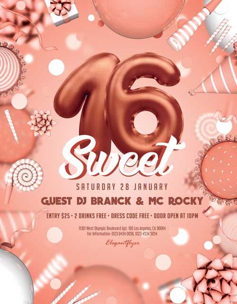 Check out the Free Sweet 16th Birthday Party Flyer Template only on https://freepsdflyer.com/free-sweet-16th-birthday-party-flyer-template/ - Enjoy downloading 1800+ totally free PSD flyer templates any kind of party and club event! #Birthday, #Club, #DJ, #Elegant, #Music, #Nightclub, #Party Birthday Party Flyer, Sweet 16th Birthday, Logo Signage, Bday Shoot, Free Psd Flyer Templates, Free Psd Flyer, Birthday Club, Super Party, Psd Flyer Templates