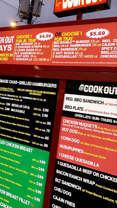 #cookout #menu #hamburgers Cookout Menu, Blt Sandwich, Chicken Quesadillas, Chicken Strips, Corn Dogs, Calories A Day, Nutrition Advice, Silly Me, Hot Dogs