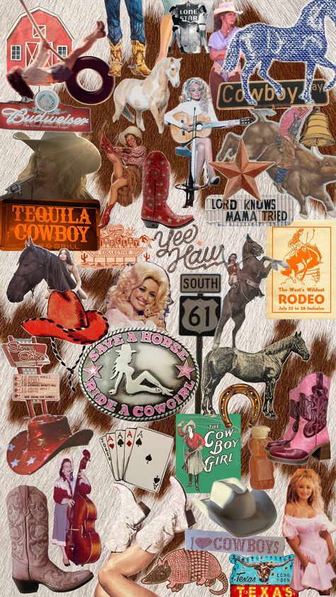 Western, cowboys, cowgirl aesthetic, country aesthetic, rodeo, wallpaper, lockscreen, collage, busy collage Cowgirl Aesthetic Pictures, Country Aesthetic Wallpaper Collage, Country Collage Wallpapers, Cowboy Lockscreen, Western Party Aesthetic, Rodeo Aesthetic Wallpaper, 70s Cowboy Aesthetic, Western Lockscreen, Western Collage Wallpaper