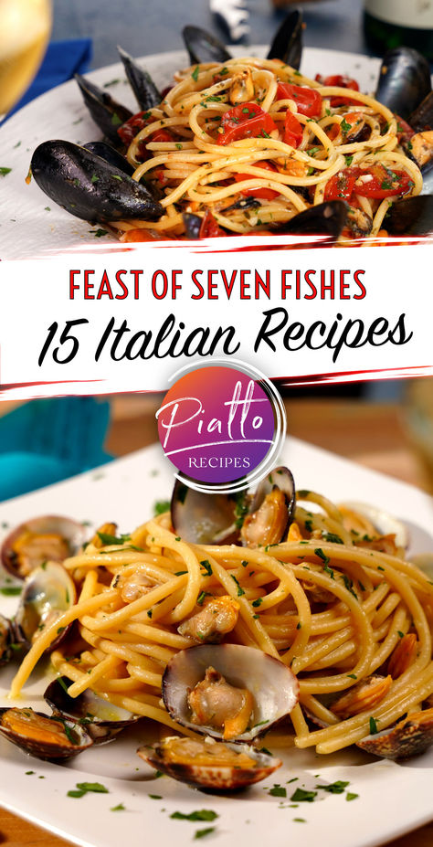 Explore our Feast of Seven Fishes recipes: a curated list of 10 exquisite seafood dishes for the cherished Italian-American Christmas Eve! Recipes + Videos #pasta #seafood #christmas #italian #recipes Christmas Eve Seafood Recipes, Christmas Eve 7 Fish Dinner Ideas, Christmas Eve Feast Of The Seven Fishes, Fish Italian Recipes, Italian Fish Recipes Christmas Eve, Fish Christmas Dinner, Feast Of Seven Fishes Recipes, Feast Of 7 Fishes Italian Christmas, 7 Fishes Christmas Eve Appetizers