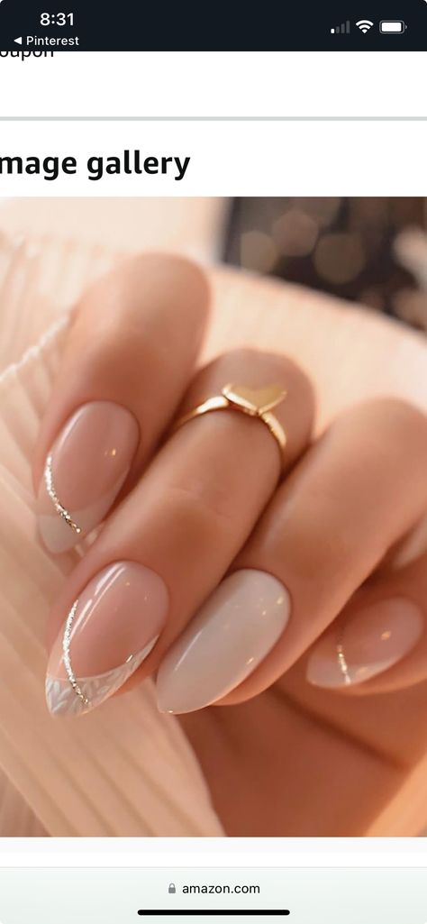 Nail Designs Classic Classy, Wedding Dipped Nails, Bridal Nails Ivory, Nails Inspiration White And Gold, Nails For Formal Wedding, White And Gold Nails Simple Almond, Gel Nails For Wedding The Bride, Nail Inspo For Engagement, White Nails For Wedding The Bride