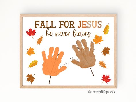 A cute Fall craft for Sunday School! Add the childs handprints or footprints to the printable template and you have an easy Bible School craft for fall. A simple craft the kids can have fun doing, with the cutest keepsake outcome. A piece of art to store forever. Be sure to add the childs name on the bottom or the back of the paper! You can find more handprint crafts in our shop here >> https://foreverlittleprints.etsy.com/ -- THIS IS A DIGITAL DOWNLOAD PRODUCT -- -- YOU WILL RECEIVE -- - (1)  1 Crafts For 2 Year Kids At Home Fall, D Footprint Craft, Christian Prek Crafts, Children’s Church Fall Craft, Fall Christian Preschool Crafts, Jesus Never Leaves You Craft, Pre K Bible School Crafts, Fall For Jesus Craft, Fall Sunday School Crafts For Kids