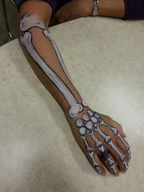 Made this skeleton arm for a coworker Skeleton Costume Accessories, Full Body Skeleton Paint, Skelton Customes, Skeleton Arm Makeup, Skeleton Body Art, Skeleton Body Painting, Skeleton Arm Drawing On Arm, Diy Skeleton Costume Women, Arm Skeleton