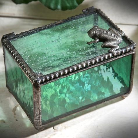 J Devlin Box 174 Stained Glass Jewelry Keepsake Box Sage Green with Frog Embellishment -- For more information, visit image link. Glass Display Box, Engagement Ring Dish, Glass Trinket Box, Tiny Jewelry, Glass Frog, Glass Jewelry Box, Stained Glass Jewelry, Aqua Glass, Glass Box