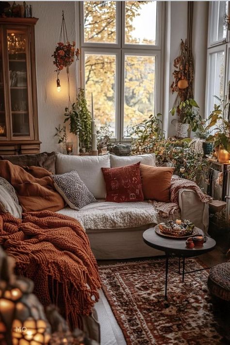 Cozy Cluttered Room Aesthetic, Earthy Moody Home Aesthetic, Autumn Interior Aesthetic, Botanical Living Room Ideas, Autumn Themed Living Room, Boho Cottage Core Living Room, Vintage Cottagecore Living Room, Cozy Cottage Homes Interior, Earth Tone House Decor