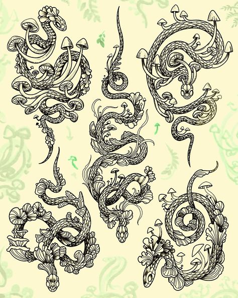 Snakes and all that jazz ✨ want a snake tattoo, want a mushroom tattoo? Get both all in one swoop and swirl design, the perfect nature tattoo idea for almost any placement🦵💪 💛 #snaketattoo #snakeart #mushroomtattoo #mushroomart #mushrooms #snakes #flashsheet #flashtattoo #flashart #tattooart #tattoodesign #tattooideas #tattooartist #tattoostyle #torontotattoo Snake And Mushroom Tattoo, Squiggle Tattoo, Mushroom Snake, A Snake Tattoo, Mushroom Tattoo, Mushroom Tattoos, Nature Tattoo, Snake Art, Snake Tattoo