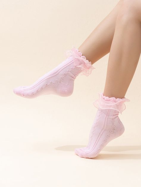 Pink    Cotton Plain Crew Socks Embellished   Women Socks & Hosiery Pink Ruffle Socks, Pj Ideas, Frill Socks, Pretty Socks, Socks Aesthetic, Kawaii Socks, Frilly Socks, Women Crew Socks, Pink Socks