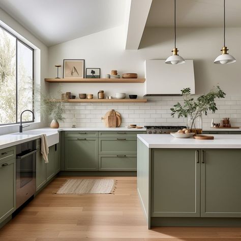 Scandinavian Kitchen Green Cabinets, L Shaped Kitchen Green, Small Kitchen Remodel Green Cabinets, Green White And Grey Kitchen, Green Kitchen Scandinavian, Green White Wood Interior, White Uppers Green Lowers, Simple Green Kitchen, Green Kitchen White Worktop