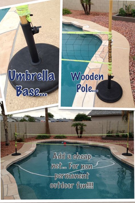 Easy/Cheap Pool Volleyball! Backyard Volleyball Ideas, Diy Pool Volleyball Net, Diy Volleyball Net Backyard, Diy Volleyball Net, Diy Pool Games, Homemade Pool, Pool Volleyball Net, Pool Volleyball, Homemade Pools