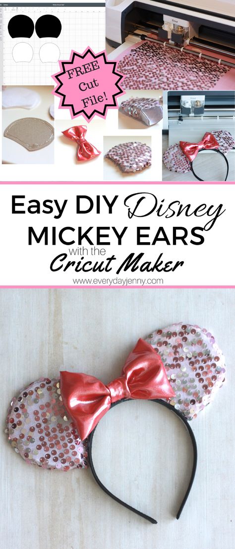 Easy DIY Disney Minnie (or Mickey) Mouse Ears tutorial. Use your Cricut Maker to cut out the fabric, felt and cardstock. Free cut file included. Ears Tutorial, Diy Mickey Mouse Ears, Circuit Maker, Diy Disney Ears, Diy Girlande, Disney Diy Crafts, Diy Mickey Ears, Disney Mouse Ears, Disney Headbands