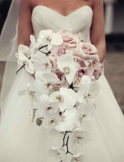 Draped Teardrop Bouquet by Dana Dineen - Be a Stunning Bride: 20 Most Beautiful Wedding Bouquet Ideas - EverAfterGuide Orchid Bouquet Wedding, Centerpieces Floral, Cascading Wedding Bouquets, Diy Bridal Bouquet, Orchid Bouquet, Bridal Bouquet Flowers, Orchid Wedding, Babies Breath, Bouquets Wedding