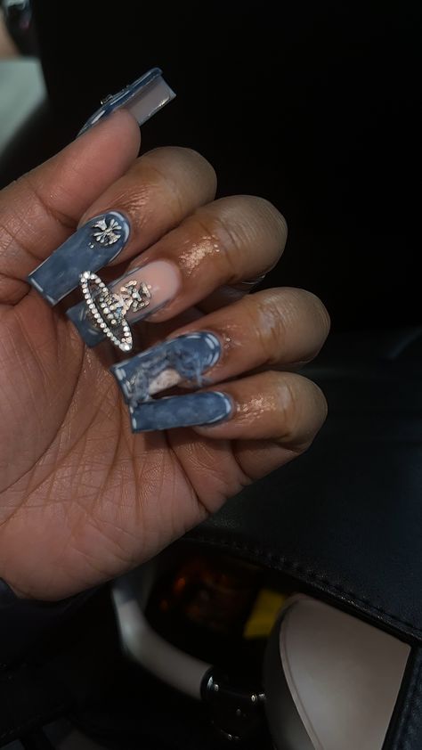 Grey And Blue Nails Acrylic, Denim French Tip Nails, Denim Blue Nails Acrylic, Gray Nail Inspo Acrylic, Denim Acrylic Nails, Denim Nails Acrylic, Blue Nails Black Women, Blue Nails Y2k, Denim Nails Ideas