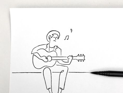 Guitar man by Jahng hyoung joon Man With Guitar Drawing, Guitar Doodle Art, Man Playing Guitar Drawing, Guitar Line Art, Guitar Doodle, Man With A Guitar, Music Room Design, Music Doodle, Guitar Man