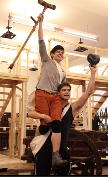 Jeremy/Jack Kelly, and Andrew Keenan Bolger/Crutchie. Newsies in rehearsal! Andrew Keenan Bolger, Jack Kelly, Newsies