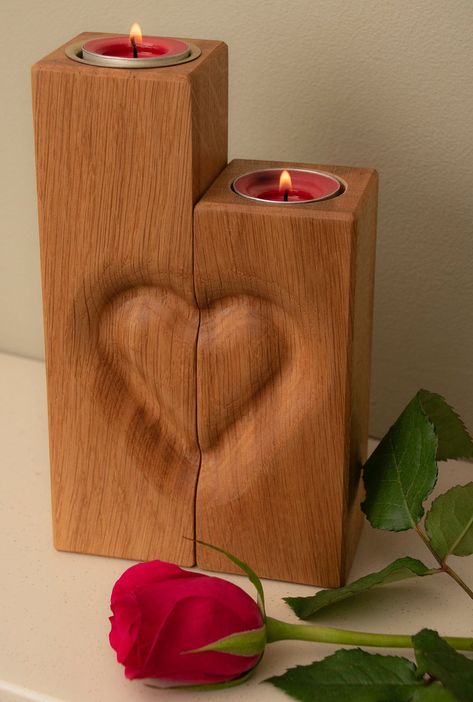 5th Anniversary ‘wooden’ gift, Romantic Unique Personalised pair of te – Oak & Ribbon 5th Wedding Anniversary Gifts For Him, 5th Wedding Anniversary Gift, Wood Anniversary, Wood Anniversary Gift, 5th Wedding Anniversary, Heart Candle, Diy Wooden Projects, Tea Light Holders, Wood Hearts