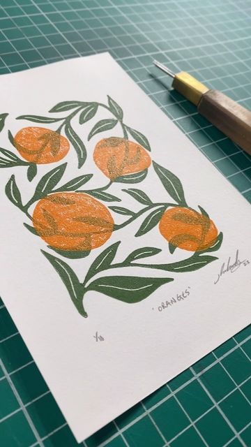 Orange Linocut, Small Linocut, Oranges Print, Two Blocks, Linocut Printmaking, Farm Shop, Linoleum, Linocut, Printmaking