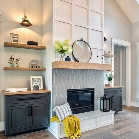 Will King•Builder Florence, AL on Instagram: “Temperatures are finally dropping in Alabama… time to get those fireplaces going! Project: #skyparkwaterfront #highcottonhomes…” Tiled Fireplace Ideas Floor To Ceiling, Shiplap Wall Fireplace, Modern Gas Fireplace Shiplap, Farmhouse Fireplace With Hailoom Tile, Fireplace Refacing, Gas Fireplace Insert With Brick Facia, Vent Free Gas Fireplace Shiplap, Fireplace Hearth Ideas, Electric Fireplace Done With Shiplap And Acement Block Hearth