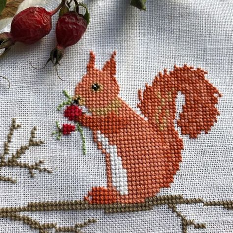 Cross Stitch Patterns Free Easy, Squirrel Embroidery, Floral Cross Stitch Pattern, Cross Stitch Christmas Ornaments, Cross Stitch Finishing, Floral Cross Stitch, Cross Stitch Animals, Paper Crafts For Kids, Cross Stitch Patterns Free