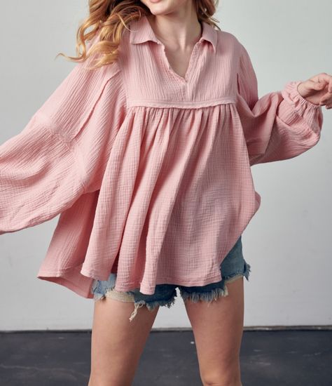 cotton gauze babydoll top - mauve – Amanda Moore and Company, LLC Simple Frocks, Cotton Gauze Fabric, Gauze Top, Gauze Fabric, Babydoll Top, Fashion Mistakes, Flowy Tops, Wide Sleeves, So Cool