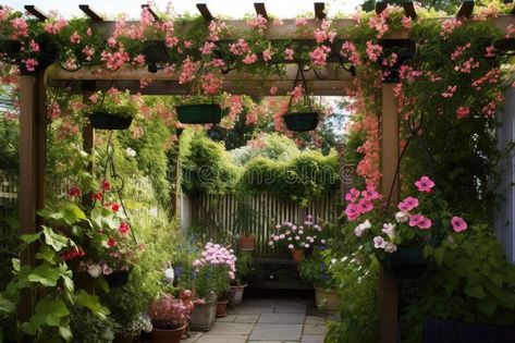 Pergola with hanging baskets of flowers and lanterns in the garden stock images Baskets Of Flowers, Vector Ornaments, Hanging Flower Baskets, Flower Basket, Hanging Baskets, Arbor, In The Garden, The Garden, Pergola