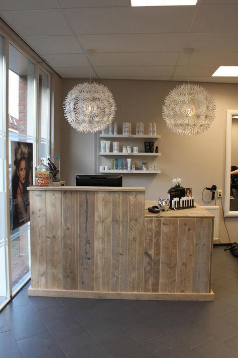 Hair Salon Interior Design Ideas Reception Desks, Front Desk Salon Ideas, Hair Salon Front Desk Ideas, Reception Desk Design Salon, Boho Reception Desk, Slat Reception Desk, Hair Salon Front Desk, Salon Front Desk Ideas, Front Desk Salon