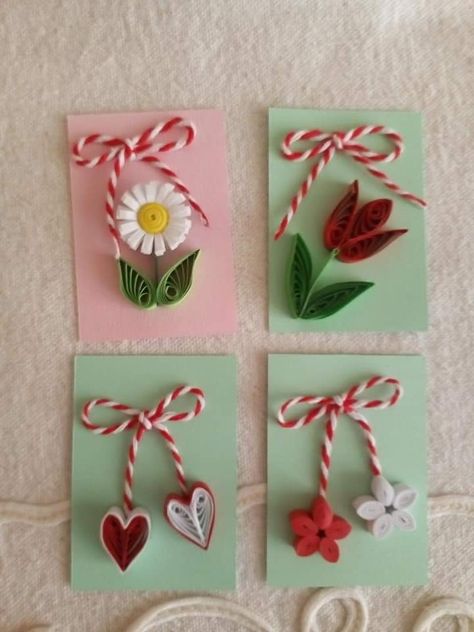 Martisor Handmade, Felicitari 8 Martie Handmade, Martisoare Handmade Ideas, Mărțișoare Handmade, Ghiocei Martisor, Quilling Mothers Day Cards, Quilling Flower Designs, Dance Crafts, Paper Flower Garlands