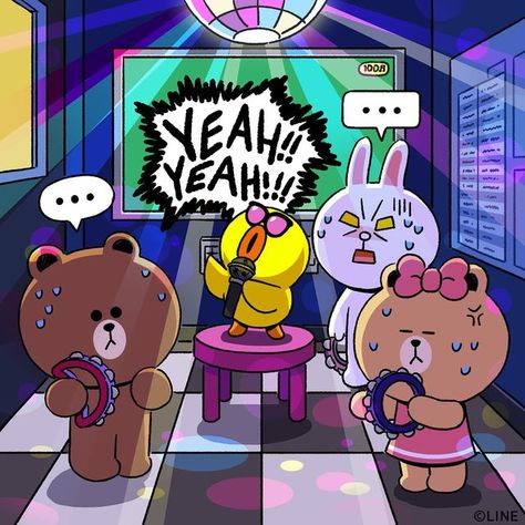 LINE FRIENDS_Official on Instagram: "LINE FRIENDS go to karaoke together! 🎤 🐻🐰🎀: SALLY,, enough is enough,, 🐤: ‘Enough’ isn’t in my vocabulary!!! Leave your favorite karaoke song in the comment!💕 #enough #karaoke #favoritesong #favsong #passthemic #BROWN #CONY #SALLY #CHOCO #LINEFRIENDS" Risograph Design, Brown And Cony, 25th Birthday Parties, Groovy Font, Karaoke Songs, Favorite Son, Cute Doodle Art, Mascot Design, 25th Birthday