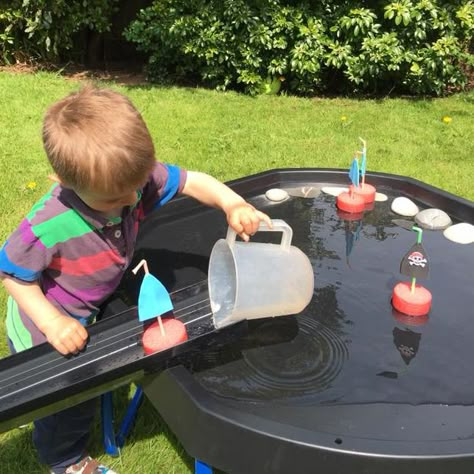 Pirate Tough Tray Ideas, Clever Hands Activities Eyfs, Diy Tuff Tray Stand, Tough Spot Ideas, Eyfs Water Tray Ideas, Summer Messy Play, Water Tray Activities, Water Tuff Tray Ideas, Boats Eyfs